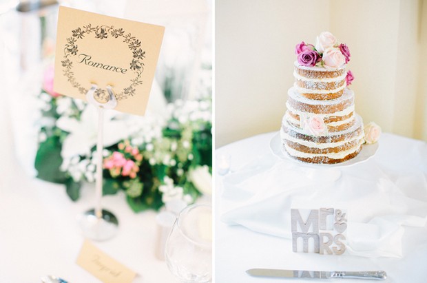 exposed sponge wedding cake pink flowers