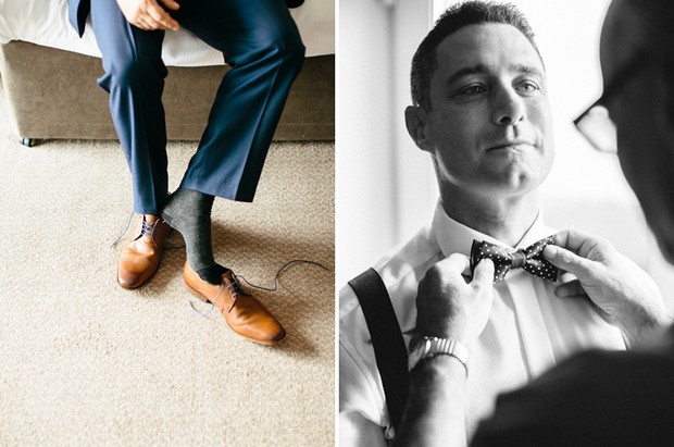groom getting ready brown shoes bow tie