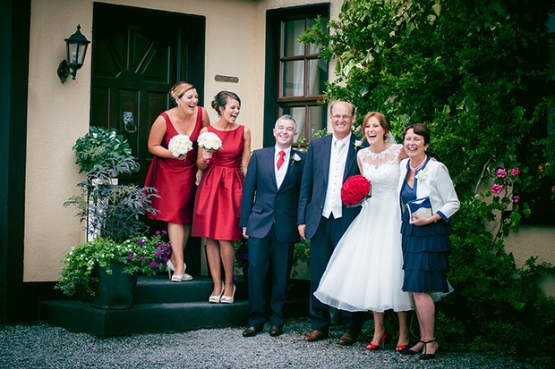 bridesmaids red tea length dresses