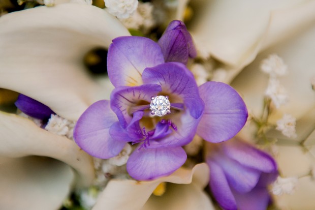 purple flower bouquet engagement ring