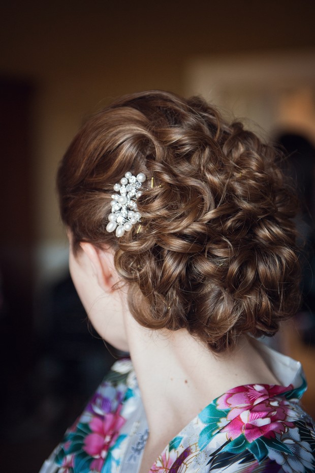 romantic curl wedding bridal up do hair style