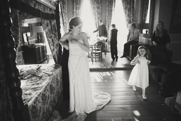 black and white flower girl bride portrait