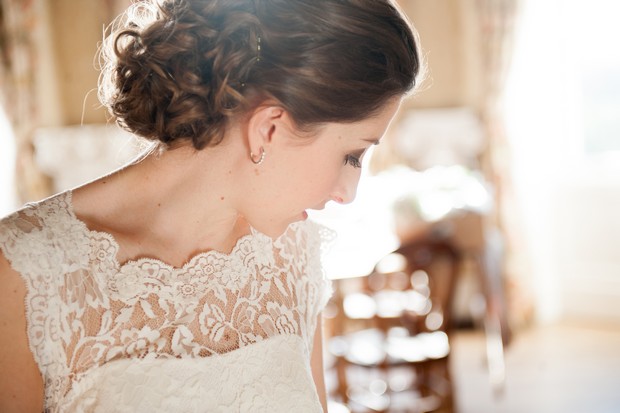 bride romantic lace neckline wedding dress