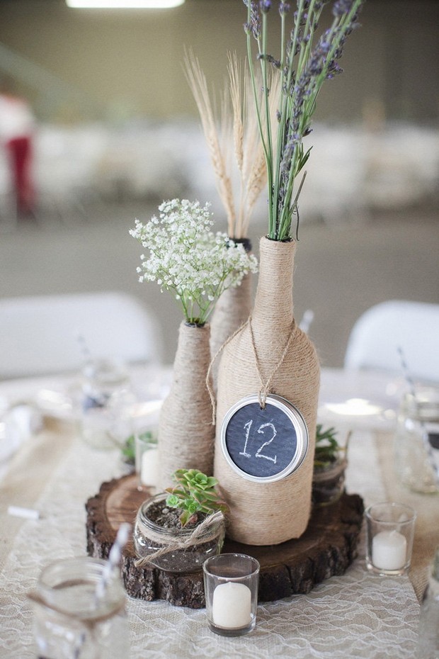 rustic-twine-covered-wine-bottle-wedding-centerpiece