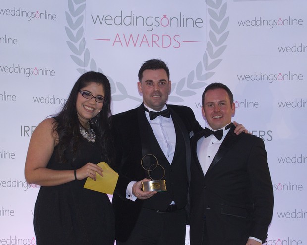 DUBLIN Groomswear Supplier of the Year- - Collar & Cuff, pictured at the 2016 National Weddingsonline awards held on Monday 15th February 2016 at the Grand Hotel, Malahide, l-r Jessica Mavare WOL, Declan Mahon and Jonathan Byrans WOL
