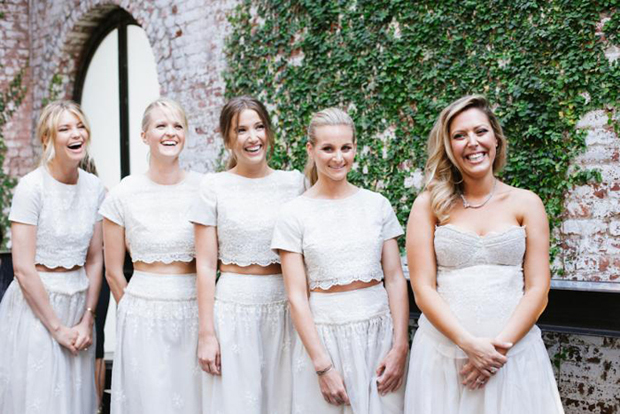 bridesmaids-in-seprates-white-lace-crop-tops
