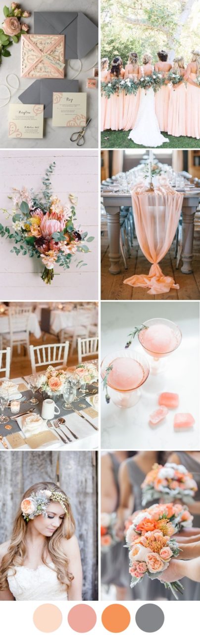 Pretty Grey Peach Wedding Inspiration Summer 2017 Weddingsonline Invitation Suite Via Deerpearlflowers Bridesmaids In Peach Deer Pearl Flowers Grey Table With Runner Heartanddash Tablescape