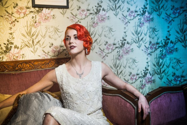 Vintage wedding dress, vintage jewellery 20s makeup, 20s hair, red hair