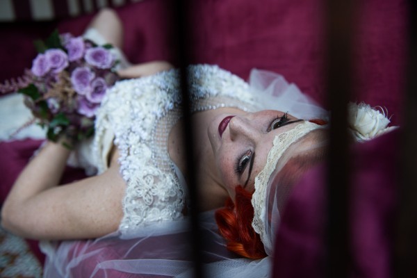 red hair, 20s makeup, 20s hair, vintage veil, purple bouquet